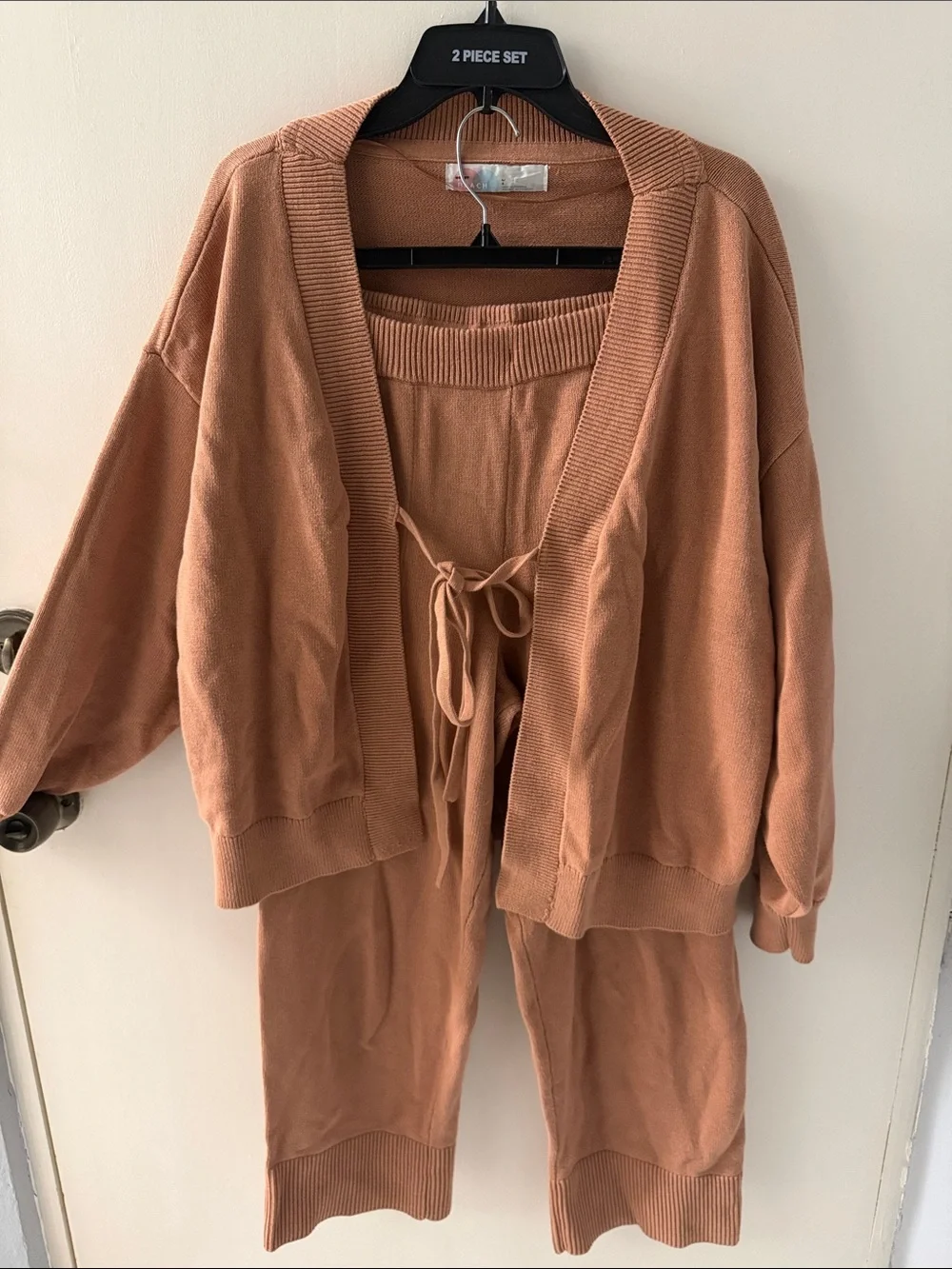 Free People Beach Solar Sweater Set Tan Camel Knit Cardigan & Pants size L - Picture 1 of 4